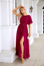 Ladies Chiffon Sleeve Crew Neck Front Slit Floor Length Bridesmaid Evening Dress Wedding Party Evening Dress 28124 by numbersea