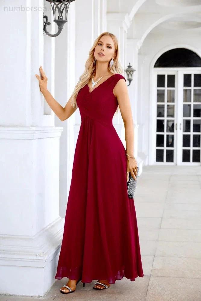 Ladies Chiffon V Neck Sleeveless Floor Length Bridesmaid Evening Dress Wedding Party Evening Dress 28126 by numbersea