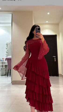 Vestido de fiesta con lentejuelas para mujer, de gasa, con capas, color burdeos, Y7616