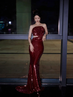 Burgundy Strapless Sequin Rose Flowers Prom Dress Mermaid Long Evening Dress Y8595 by simplepromdress