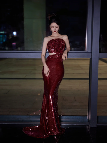 Burgundy Strapless Sequin Rose Flowers Prom Dress Mermaid Long Evening Dress Y8595