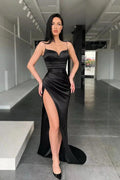 Spaghetti Straps Sleek Mermaid Black Prom Gown with Sultry Slit by BIZTUNNEL