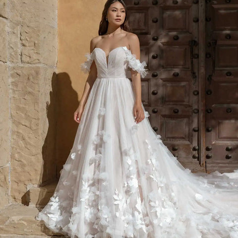 Whimsical Tulle Ballgown Wedding Dress With 3D Flowers And Off the Shoulder Straps Sweetheart  Custom Made For Women