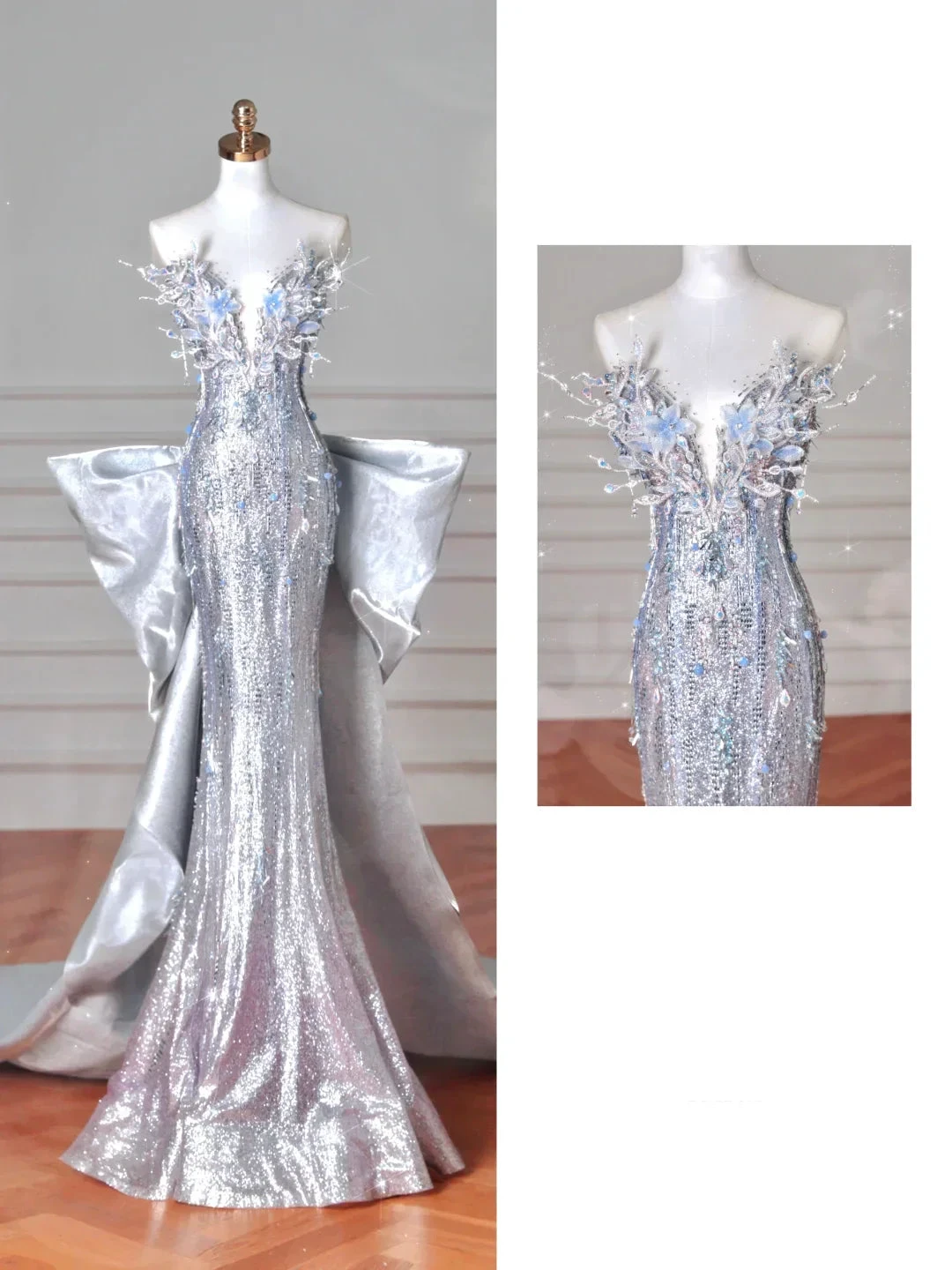 Luxury Silver Sequin 3D Beaded Mermaid Evening Dress Long Prom Dress With Bow Y8640 by simplepromdress