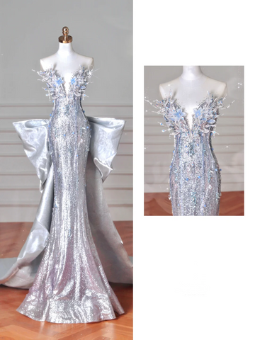 Luxury Silver Sequin 3D Beaded Mermaid Evening Dress Long Prom Dress With Bow Y8640