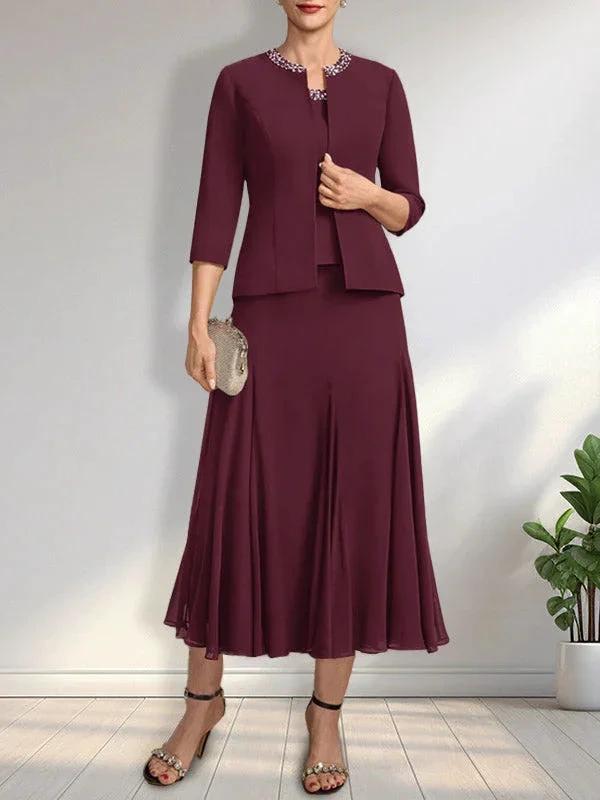 Separates A-line Scoop Tea-Length Chiffon Mother of the Bride Dress With Sequins Beading by Dreamylily