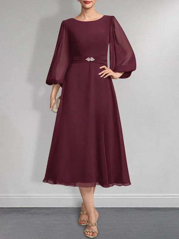 A-line Scoop Tea-Length Chiffon Mother of the Bride Dress With Crystal Brooch Pleated by Dreamylily