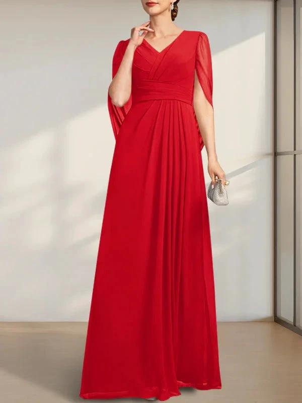 A-line V-Neck Floor-Length Chiffon Mother of the Bride Dress With Pleated by Dreamylily