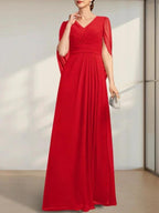 A-line V-Neck Floor-Length Chiffon Mother of the Bride Dress With Pleated by Dreamylily
