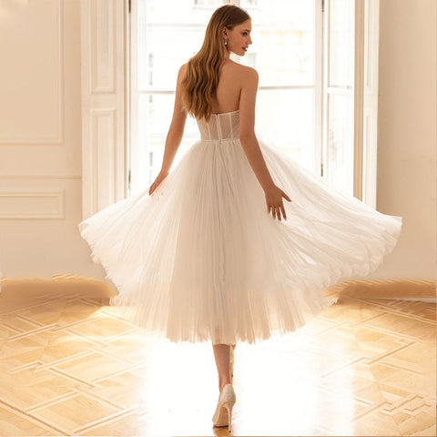Romantic Strapless Sleeveless A-line Wedding Dress Sexy Backless Short Robe De Soirée Elegant Tulle Bow Bridal Gown