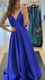 A-line V Neck Royal Blue Satin Evening Dress Graduation Dress Y433 by simplepromdress