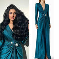 V-neck Long Sleeves Formal Evening Dress Pearls Ruched Floor-length Elegant Women Wedding Party Dresses For Prom by Sunnderly
