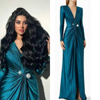 V-neck Long Sleeves Formal Evening Dress Pearls Ruched Floor-length Elegant Women Wedding Party Dresses For Prom by Sunnderly