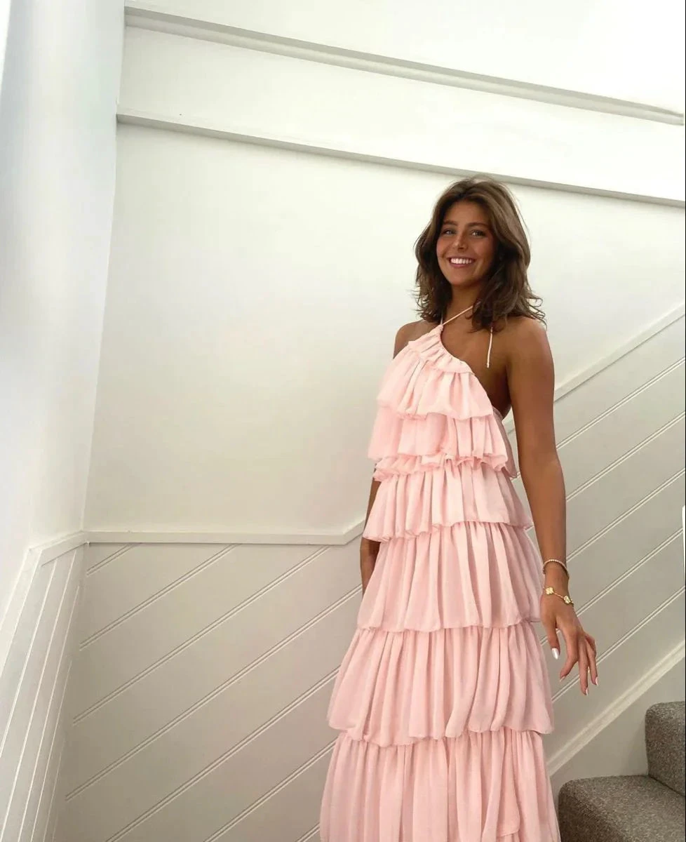 Pink Sleeveless Layered Long Prom Dress,Pink Evening Dress Y2301 by simplepromdress
