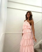 Pink Sleeveless Layered Long Prom Dress,Pink Evening Dress Y2301 by simplepromdress