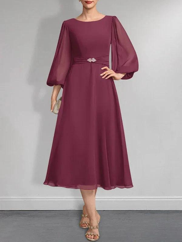 A-line Scoop Tea-Length Chiffon Mother of the Bride Dress With Crystal Brooch Pleated by Dreamylily
