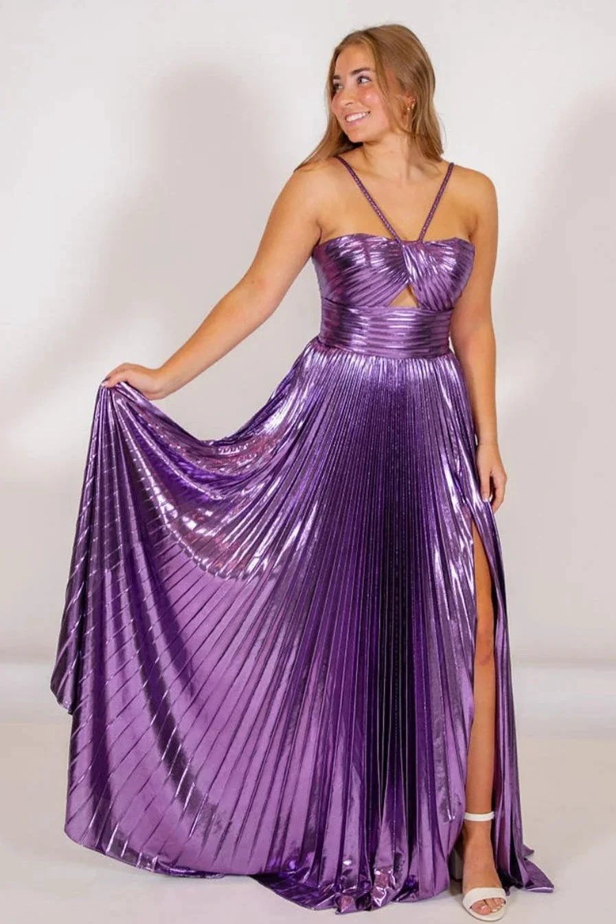 Madalyn| Metallic Keyhole Spaghetti Strap Long Prom Dress with Slit by KissProm