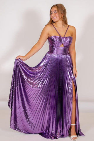 Madalyn| Vestido de fiesta largo con escote en forma de cerradura y tirantes finos metálicos con abertura