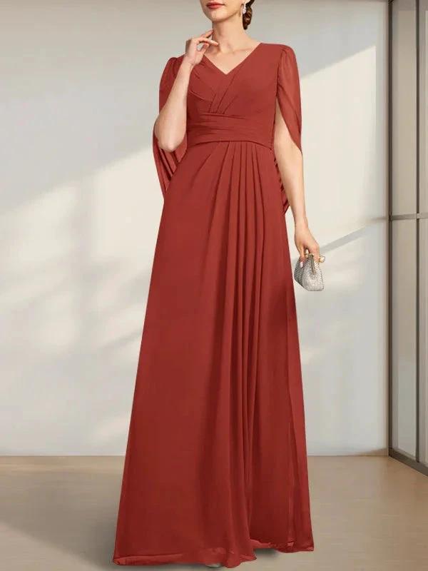 A-line V-Neck Floor-Length Chiffon Mother of the Bride Dress With Pleated by Dreamylily