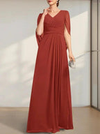 A-line V-Neck Floor-Length Chiffon Mother of the Bride Dress With Pleated by Dreamylily