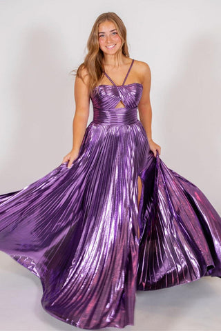 Madalyn| Vestido de fiesta largo con escote en forma de cerradura y tirantes finos metálicos con abertura