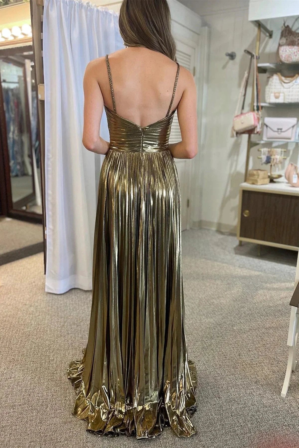 Madalyn| Metallic Keyhole Spaghetti Strap Long Prom Dress with Slit by KissProm