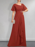A-line Asymmetrical Floor-Length Chiffon Mother of the Bride Dress With Pleated Beading Sequins by Dreamylily