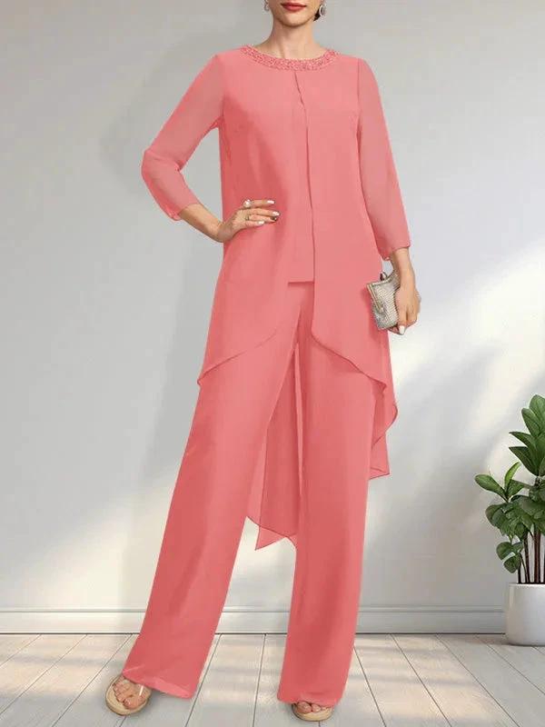 Separates Jumpsuit/Pantsuit Scoop Floor-Length Chiffon Mother of the Bride Dress With Sequins Beading by Dreamylily