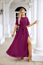Ladies Chiffon Sleeve Crew Neck Front Slit Floor Length Bridesmaid Evening Dress Wedding Party Evening Dress 28124 by numbersea
