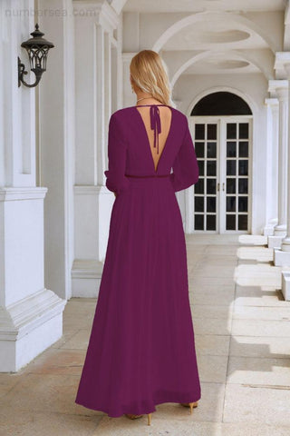 Ladies V Neck Chiffon Long Sleeve Front Slit Bridesmaid Evening Dress Wedding Party Shopping Evening Dress 28109