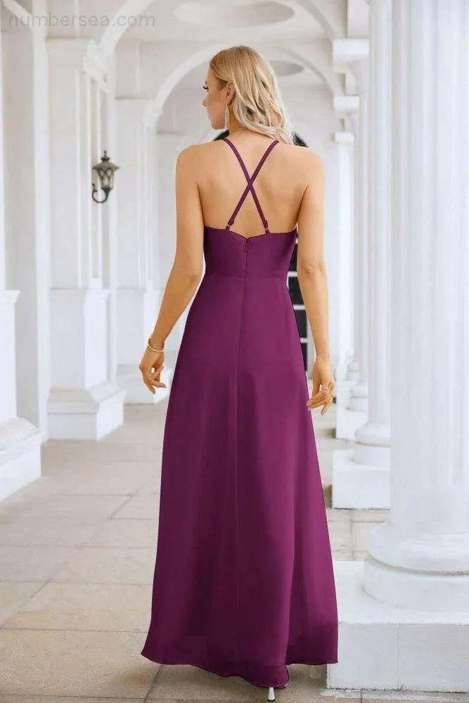 Ladies Chiffon Spaghetti Strap V Neck Front Slit Floor Length Bridesmaid Evening Dress Prom Party Wedding Evening Dress 28116 by numbersea