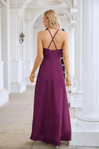 Ladies Chiffon Spaghetti Strap V Neck Front Slit Floor Length Bridesmaid Evening Dress Prom Party Wedding Evening Dress 28116 by numbersea