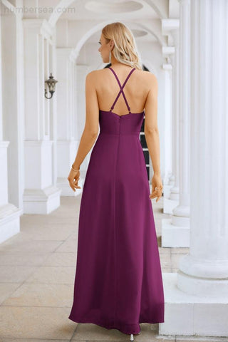 Ladies Chiffon Spaghetti Strap V Neck Front Slit Floor Length Bridesmaid Evening Dress Prom Party Wedding Evening Dress 28116