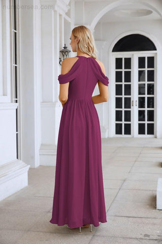 Ladies Chiffon Off Shoulder Swing Sleeve Front Slit Bridesmaid Evening Dress Wedding Party Evening Dress 28117