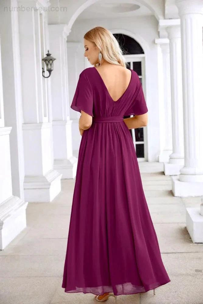 Ladies Chiffon Sleeve Crew Neck Front Slit Floor Length Bridesmaid Evening Dress Wedding Party Evening Dress 28124 by numbersea