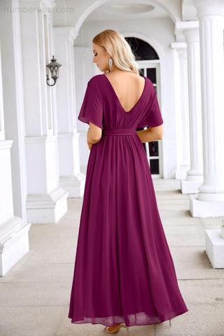 Ladies Chiffon Sleeve Crew Neck Front Slit Floor Length Bridesmaid Evening Dress Wedding Party Evening Dress 28124