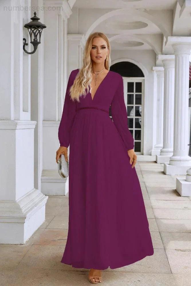 Ladies V Neck Chiffon Long Sleeve Front Slit Bridesmaid Evening Dress Wedding Party Shopping Evening Dress 28109 by numbersea