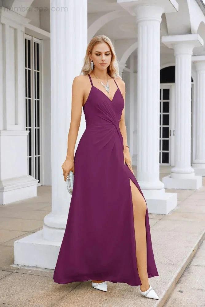 Ladies Chiffon Spaghetti Strap V Neck Front Slit Floor Length Bridesmaid Evening Dress Prom Party Wedding Evening Dress 28116 by numbersea