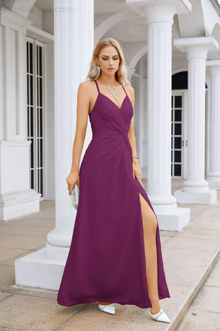 Ladies Chiffon Spaghetti Strap V Neck Front Slit Floor Length Bridesmaid Evening Dress Prom Party Wedding Evening Dress 28116