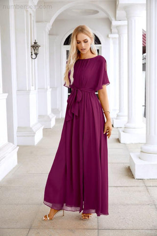 Ladies Chiffon Sleeve Crew Neck Front Slit Floor Length Bridesmaid Evening Dress Wedding Party Evening Dress 28124