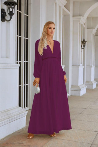 Ladies V Neck Chiffon Long Sleeve Front Slit Bridesmaid Evening Dress Wedding Party Shopping Evening Dress 28109