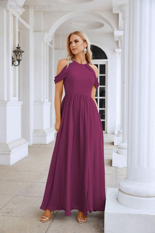 Ladies Chiffon Off Shoulder Swing Sleeve Front Slit Bridesmaid Evening Dress Wedding Party Evening Dress 28117