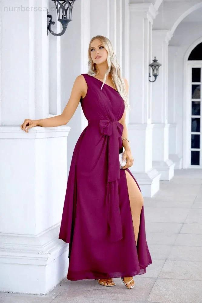 Ladies Chiffon One Shoulder Bridesmaid Evening Dress Wedding Party Evening Dress 28133 by numbersea