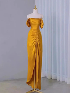 Sheath Off The Shoulder Yellow Pleated Prom Dress Slit Evening Dress Y7598 by simplepromdress
