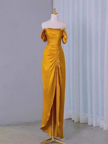 Etuikleid Off The Shoulder Gelb Plissee Ballkleid Schlitz Abendkleid Y7598