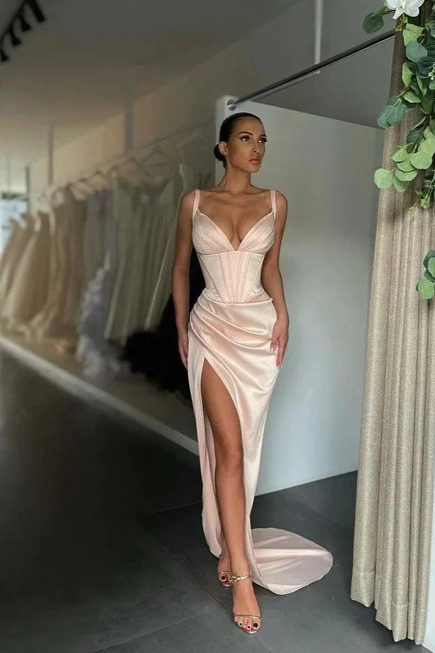 Spaghetti Straps Sleeveless V-Neck Split Prom Dress by BIZTUNNEL