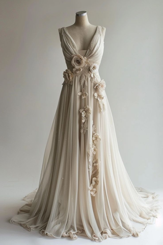 Vestido de novia con escote en V y apliques de chifón, con cuentas, estilo Y8032