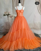 Spaghetti Straps Orange Tulle Evening Dress,Sexy Prom Gown Y1243 by simplepromdress