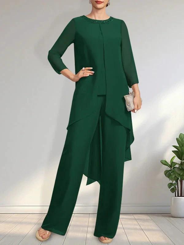 Separates Jumpsuit/Pantsuit Scoop Floor-Length Chiffon Mother of the Bride Dress With Sequins Beading by Dreamylily