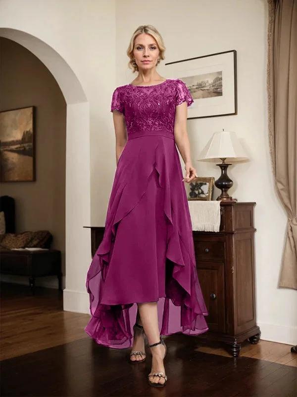 A-line Scoop Illusion Asymmetrical Chiffon Lace Mother of the Bride Dress With Bow Ruffle Sequins by Dreamylily